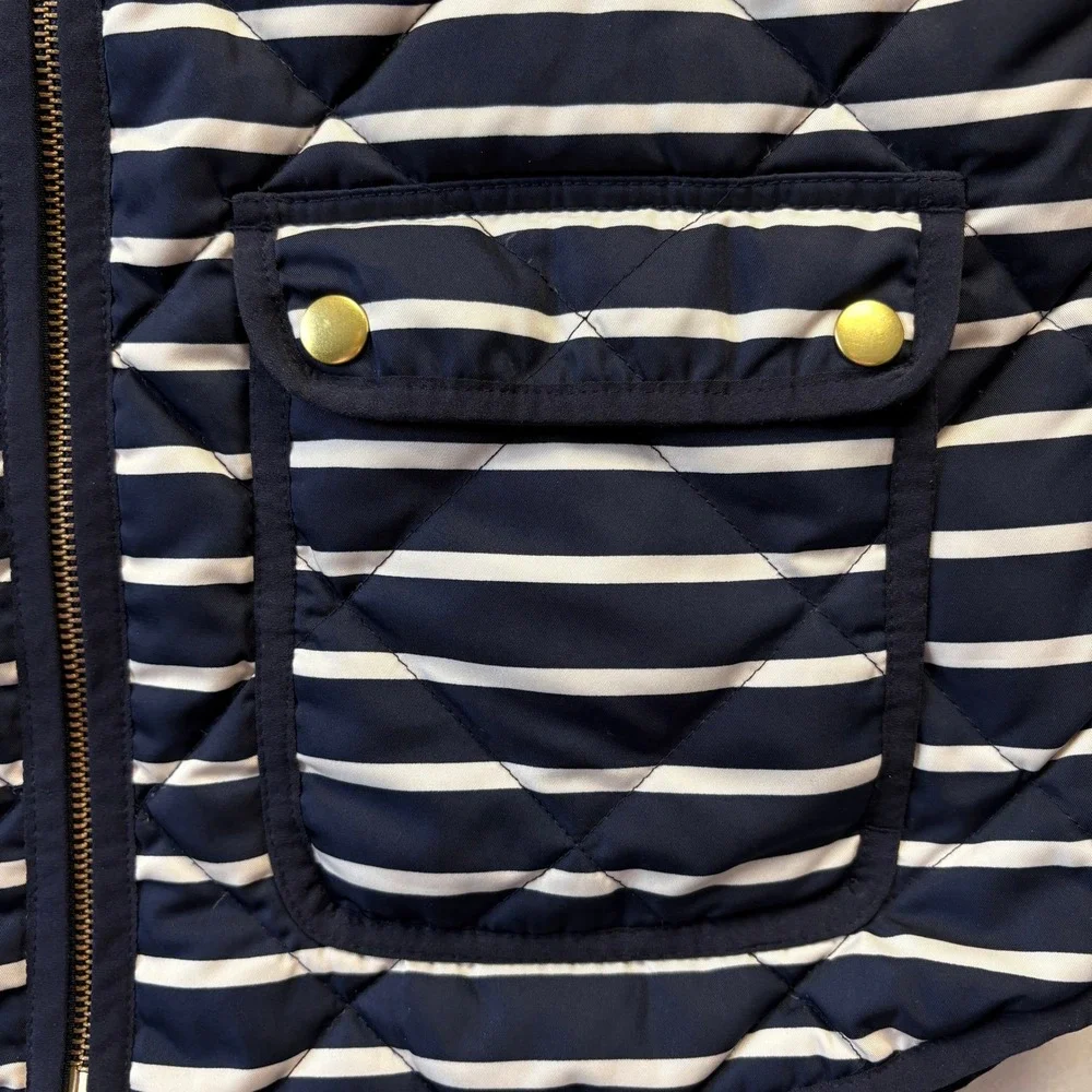 J. Crew Quilted Striped Vest Women Sz Small Navy White Puffer‎ Gilet Gold Zipper
